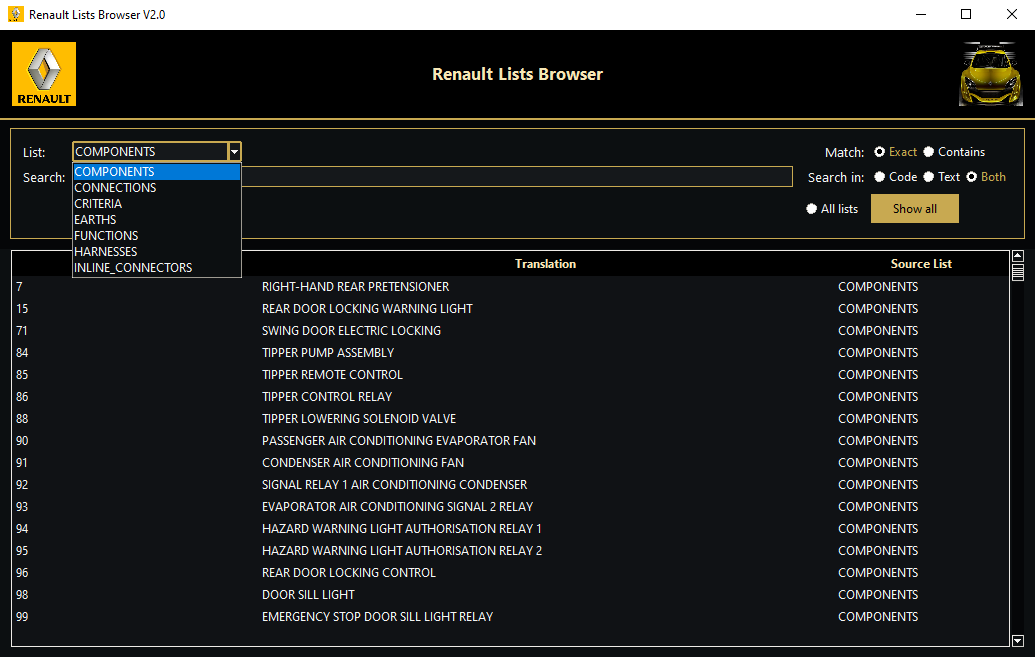Renault Lists Browser Component Code Lookup 2.0 Destek Paketi
