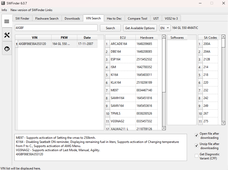 SWFinder 6.0.7 Mercedes Flashware Finder & VIN, SCN Destek Paketi