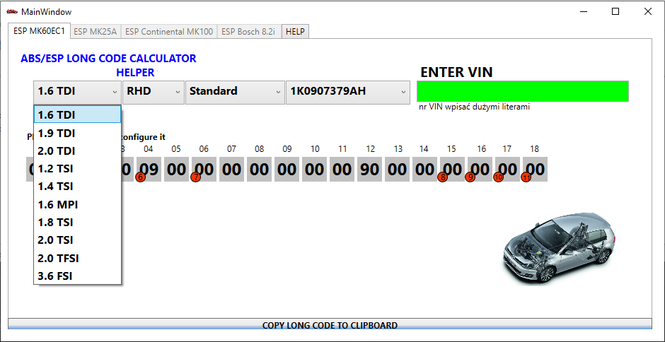 VW ABS ESP Long Code Calculator Helper MK60EC1 Destek Paketi