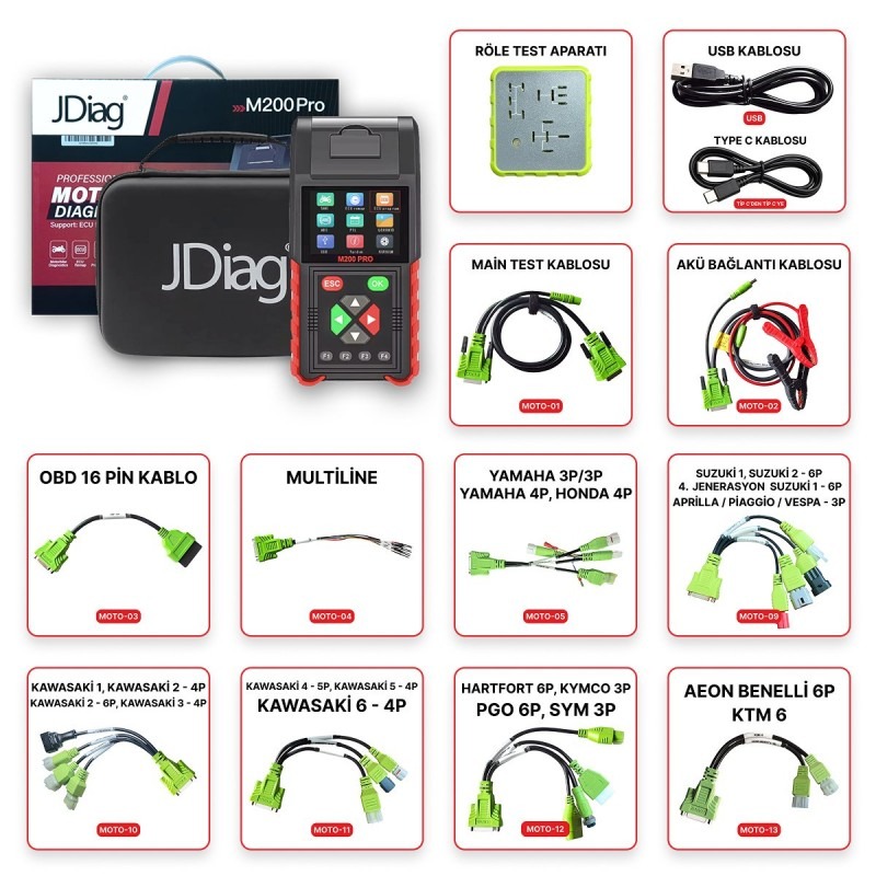 JDiag M200 PRO Motosiklet Arıza Tespit Cihazı - 25 Kablolu / Soketli FULL Versiyon